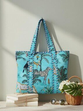 Reusable Quilted Cotton Tote Bag – Hand Screen-Printed Animal Design Blue